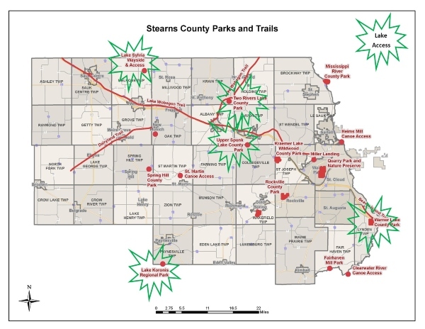 county map highlighting the parks with lake access