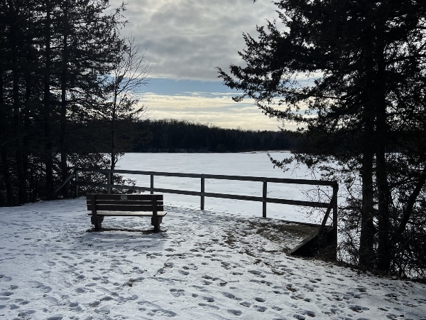 bench overlooking a snow covered lake
