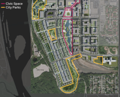 Overhead Graphic of Future City Parks in Highland Bridge