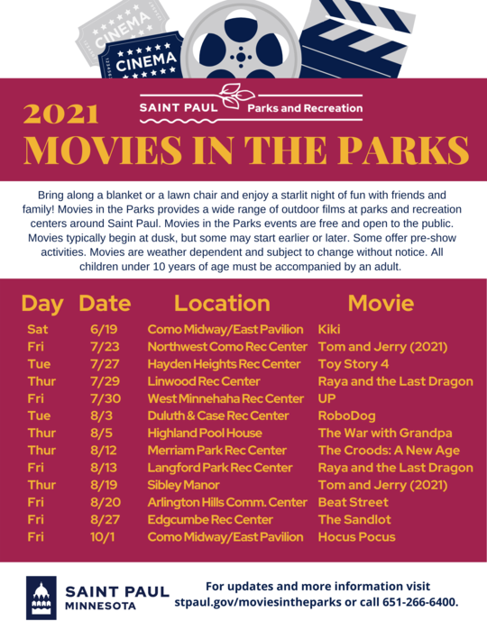 Movies in the Parks flyer - click to view screen reader friendly schedule. 