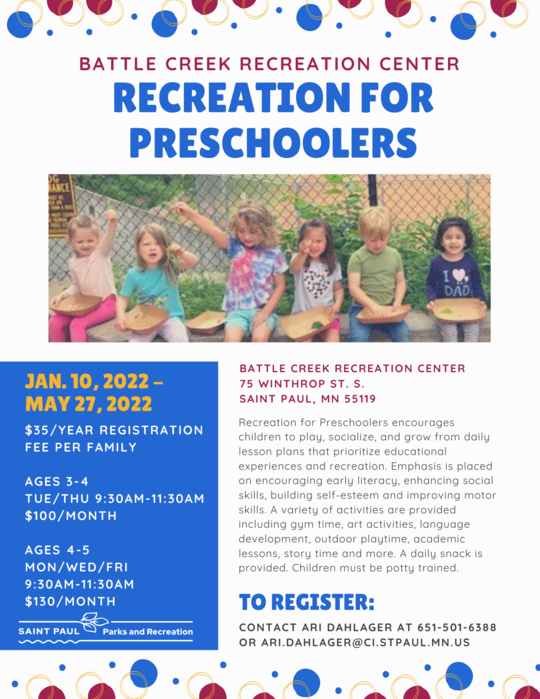 Battle Creek Recreation for Preschoolers flyer