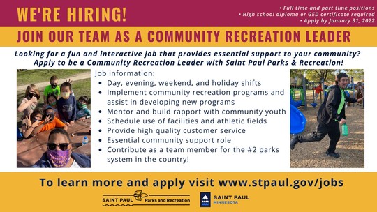 Community Rec Leaders - Seeking candidates who are enthusiastic about working in our communities and with young people at our recreation centers.