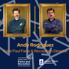 Parks Director announcement of side-by-side photos of Ron Swanson and Andy Rodriguez 