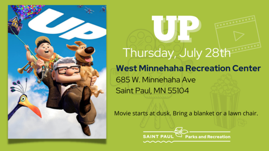 Movies in the Parks flyer for "Up" at West Minnehaha Rec Center on July 28