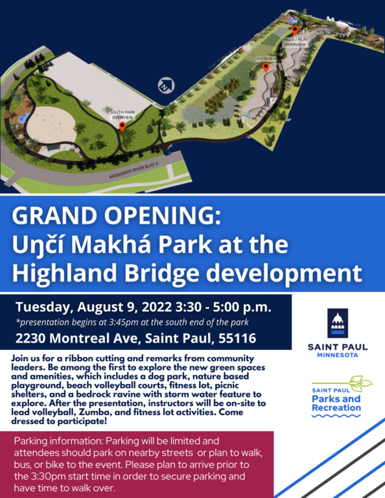 Grand opening flyer invite for Unci Makha Park on Aug. 9 