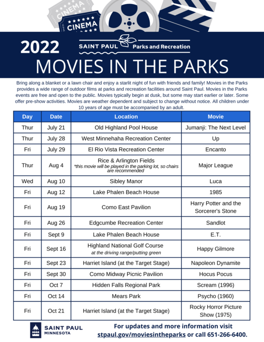 2022 Movies in the Park flyer with added fall movies