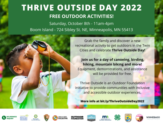 Thrive Outside Day - SATURDAY, OCTOBER 8, 2022 AT 11 AM - Boom Island Park - Free and all are welcome!