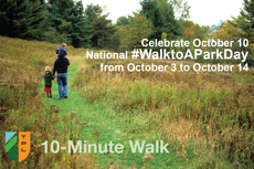 Walk To A Park Day on Oct 10-parent with two kids walk through a field with tall natural grasses