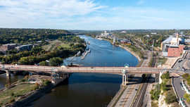 Drone shot of Mississippi River overlooking river balcony project areas