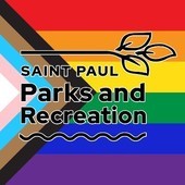Saint Paul Parks and Recreation Logo against Pride Flag