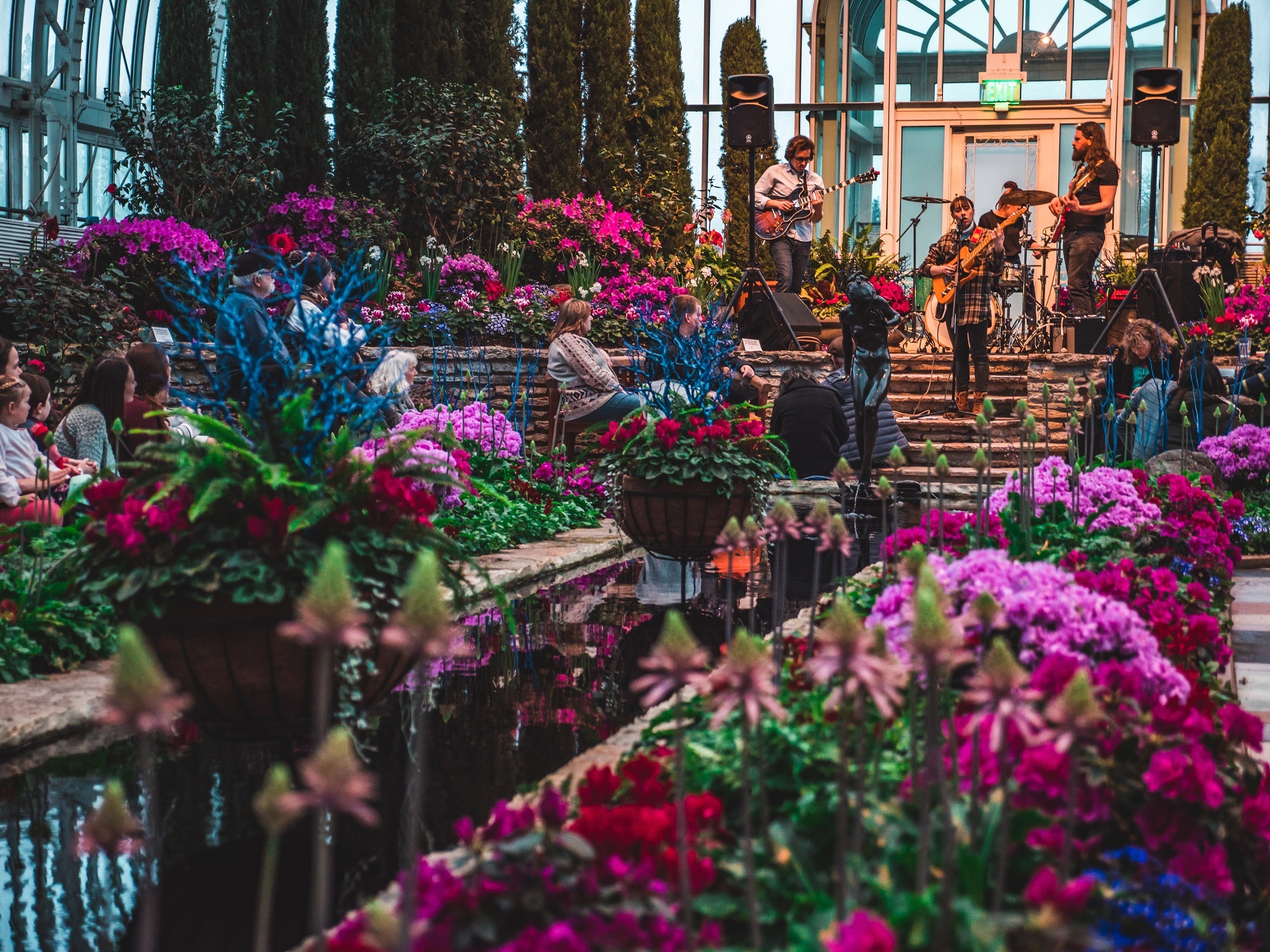 Music Under Glass performers surrounded by flowers at Como Park Zoo & Conservatory