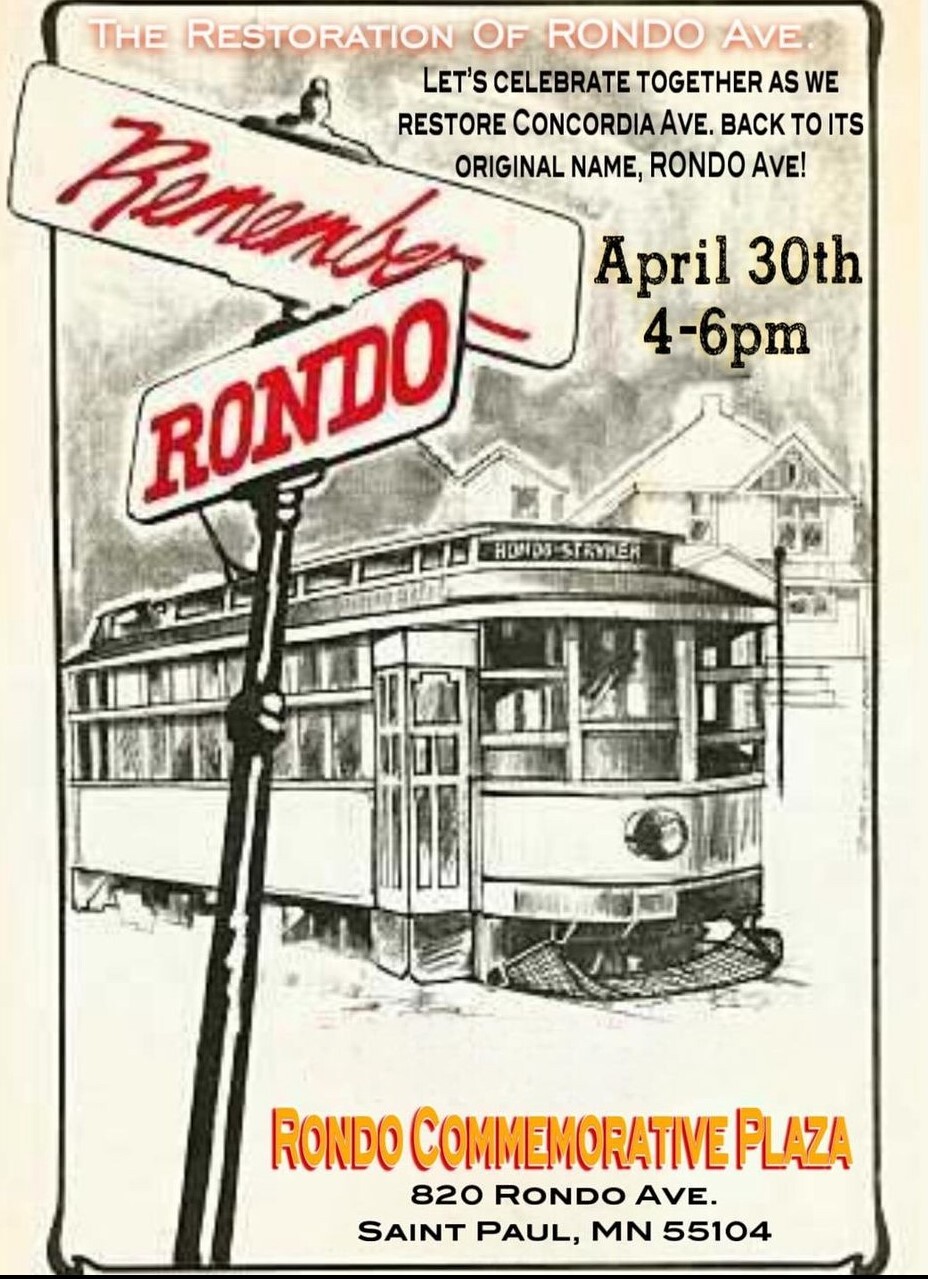 Flyer for April 30 Restoration of Rondo Ave celebration from 4-6 pm at Rondo Commemorative Plaza