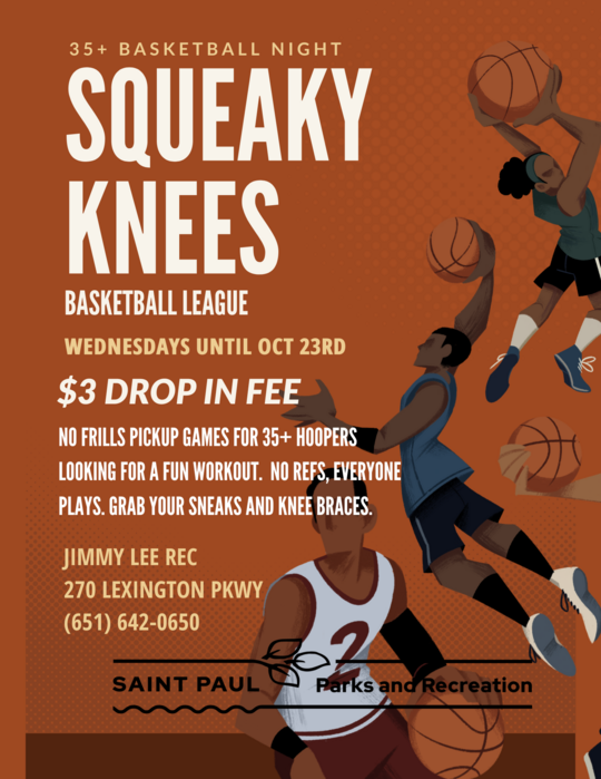 Squeaky Knees Basketball League for 35+ at Jimmy Lee Rec flyer
