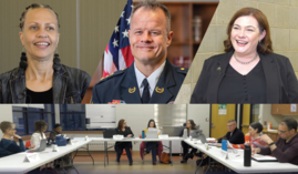 Three individual portraits above a group of people seated at tables during a community or board meeting in a public room.