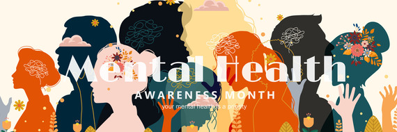 Colorful silhouettes with flowers and patterns promoting Mental Health Awareness Month.