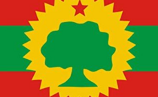 A red flag with a yellow sun and a green crescent moon.