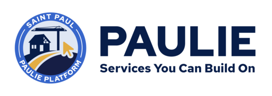 PAULIE logo -- royal blue and canary yellow