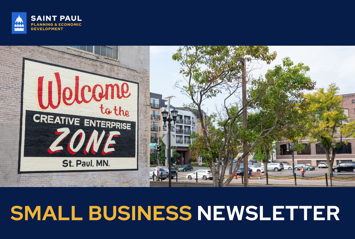 Welcome to the Creative Enterprise Zone” mural in Saint Paul with trees and parked cars.