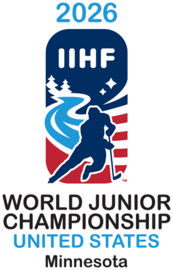 2026 IIHF World Junior Championship logo featuring a hockey player and U.S. flag elements, hosted in Minnesota.