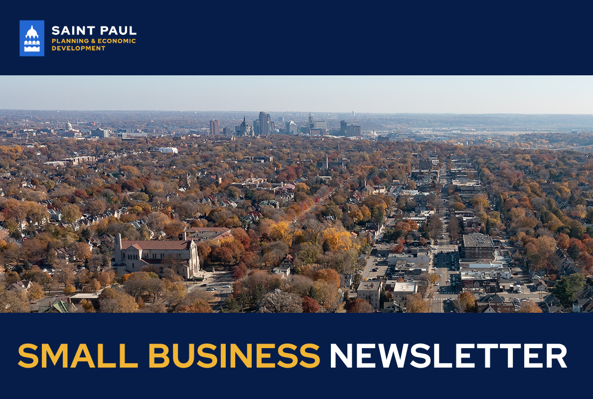 Aerial image of Saint Paul with text that reads "small business newsletter"