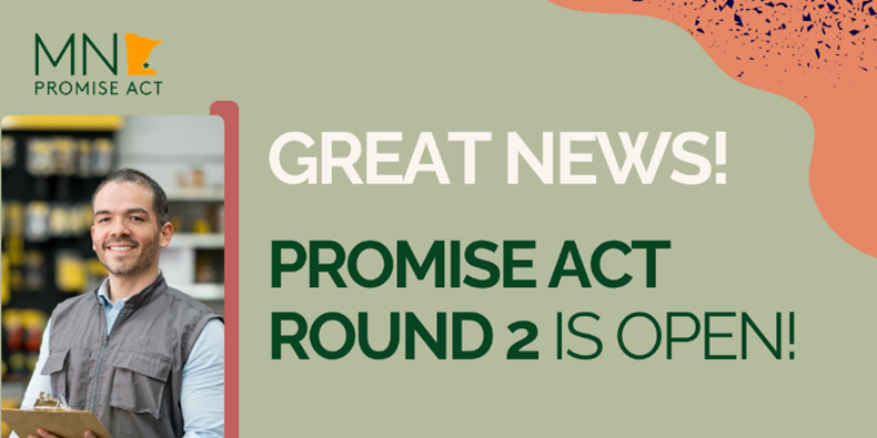 Smiling man with text that says "Great news! Promise Act round 2 is open!"