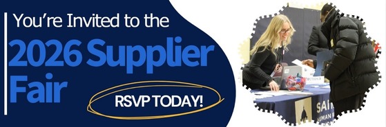 Image of people talking at a booth with the text "You're Invited to the 2026 Supplier Fair"