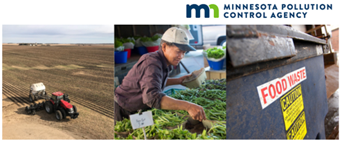 Images of a tractor in a field, a person at a farmers market and a food waste bin