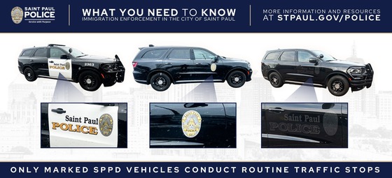 Saint Paul Police graphic showing examples of marked SPPD patrol vehicles and logos