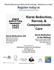 A flyer for Bethlehem Lutheran in the Midway's harm reduction trainings.