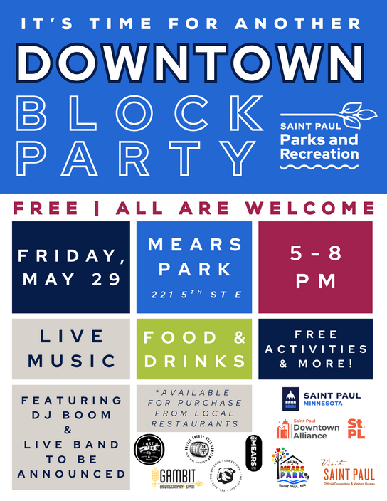 Downtown Block Party at Mears Park flyer- May 29, 2026
