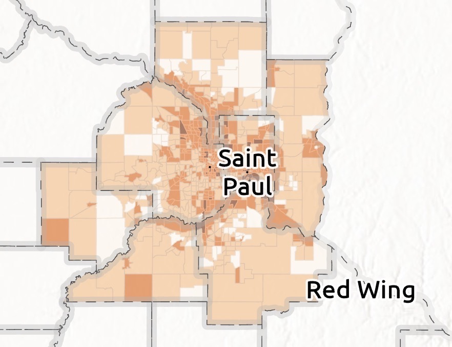 The MPCA's Cumulative Impacts Mapping Tool, showing a cumulative impacts stressor overview in the Saint Paul region.