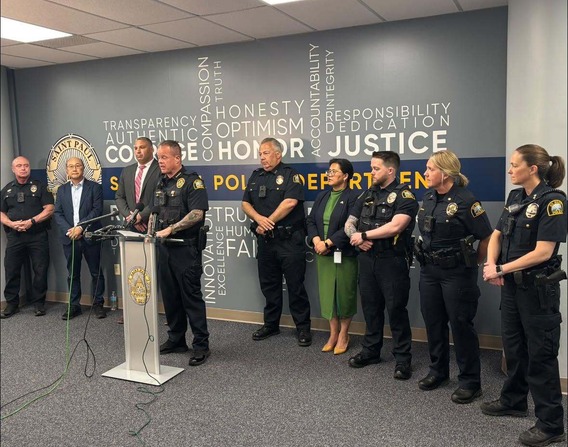 Mayor Her at press conference with Saint Paul Police Department