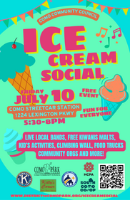 A flyer for the Como Community Council Ice Cream Social.