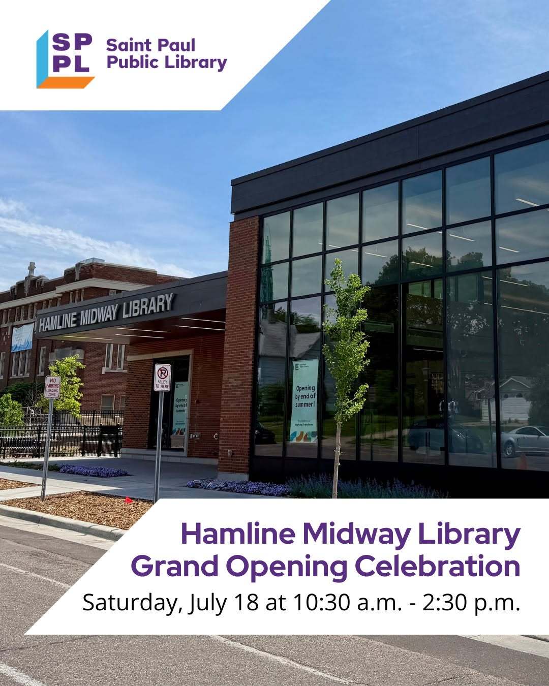 A flyer for the Hamline Midway Library Grand Opening Celebration. 