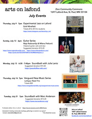 A flyer for Arts on Lafond July Events. 