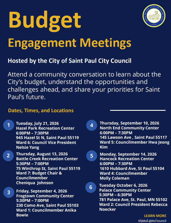 A flyer for the City Council's budget engagement meetings. 
