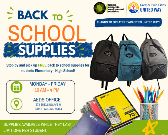 A flyer for the AEDS school supply giveaway