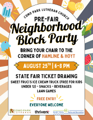 A flyer for the Como Park Lutheran Church block party. 