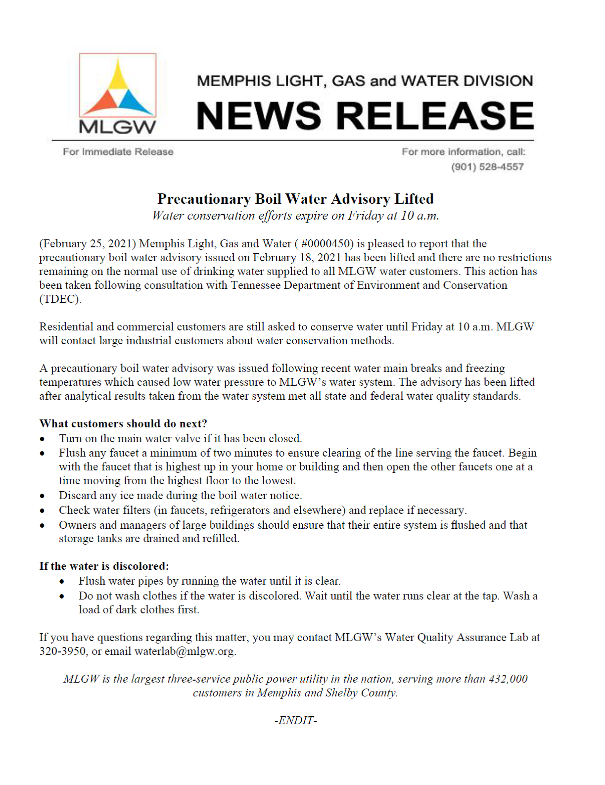 Boil Water Advisory Lifted