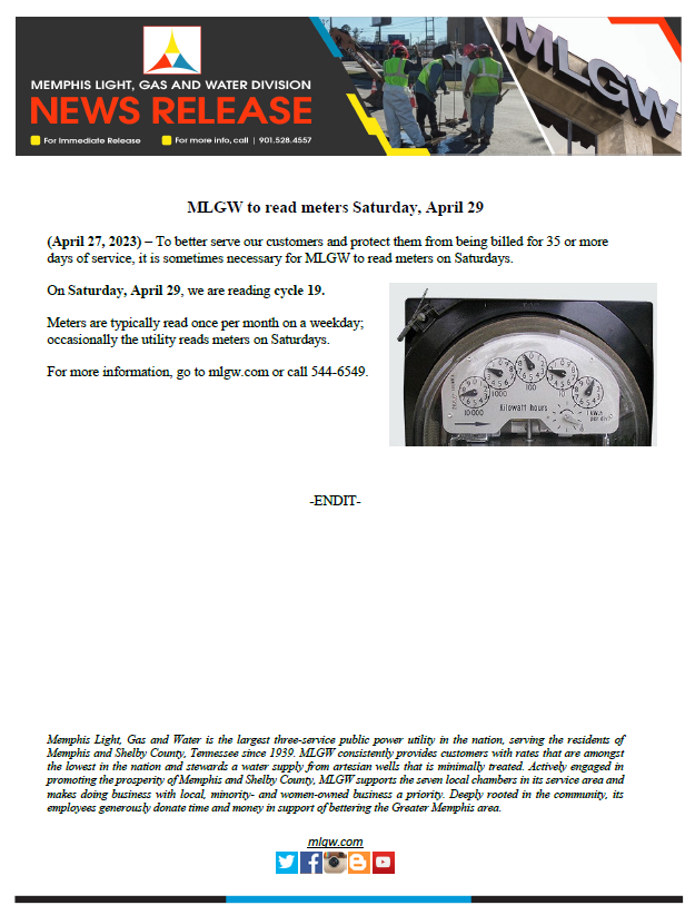 MLGW to read meters Saturday, April 29