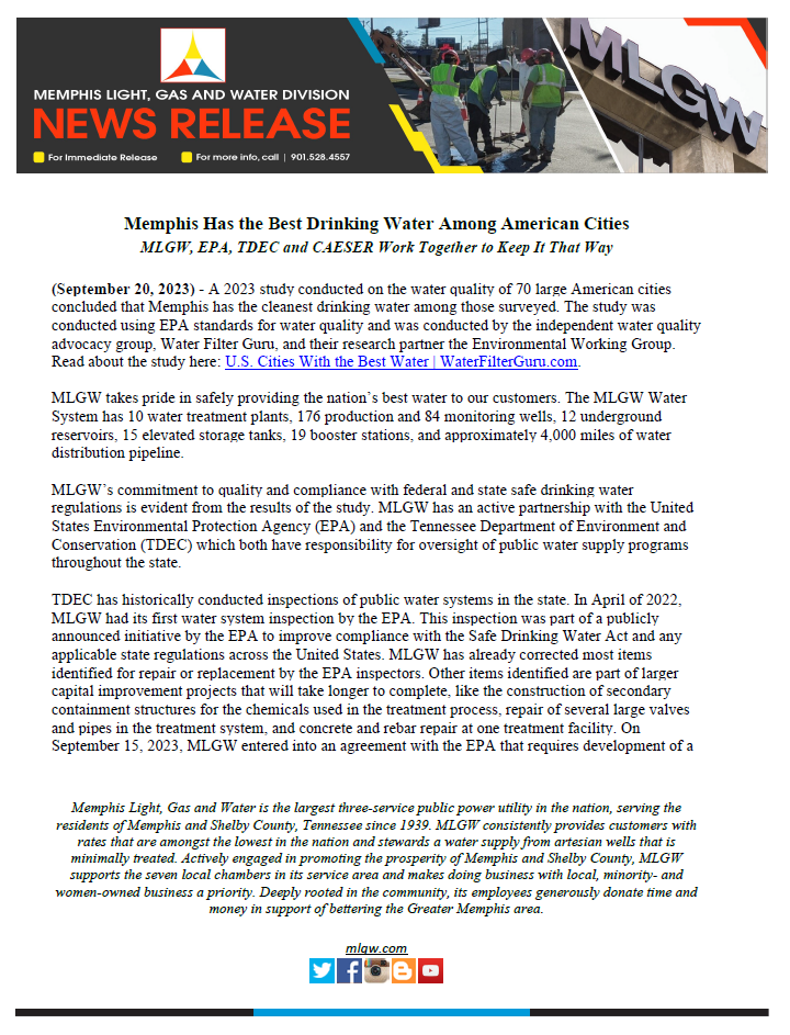 Memphis Has the Best Drinking Water Among American Cities