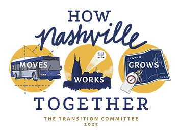 How Nashville Moves, Works, and Grows Together with a hand drawn infographic with a bus, city skyline, and map