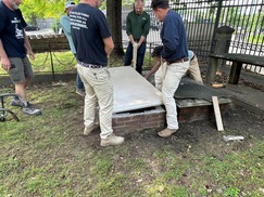 image of workers placing ledger on top of box tomb grave