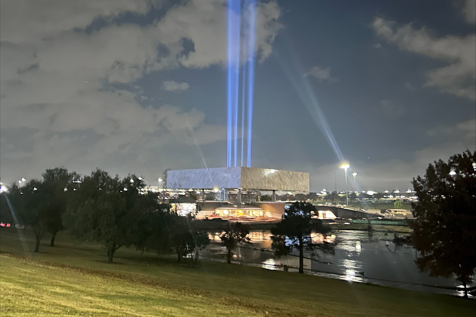 National Medal of Honor Museum light beams at night