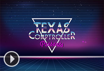 Text on a purple background reading, "Texas Comptroller Presents" 