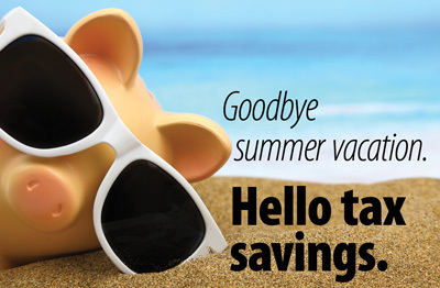 Photo of a beach, with caption: Goodbye summer vacation. Hello Tax Savings.