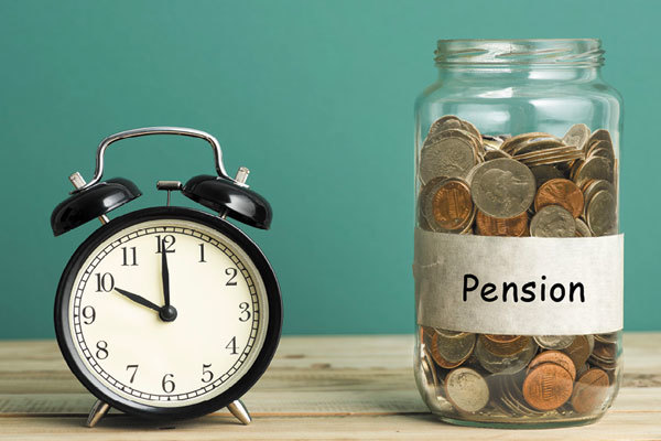 Photo of a clock and a jar of change labeled "pension"