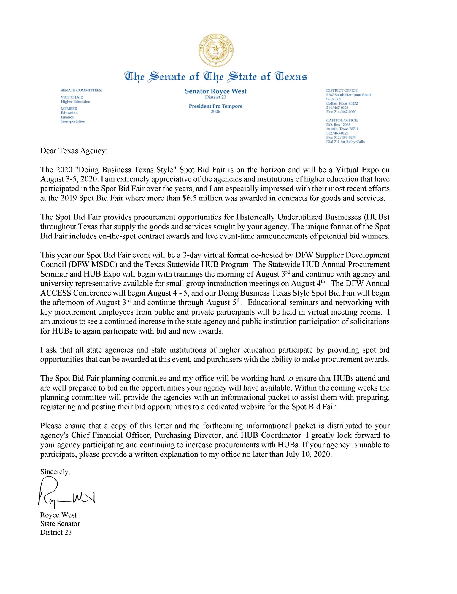 Letter from Texas Senator Royce West for HUB Spot Bid Fair