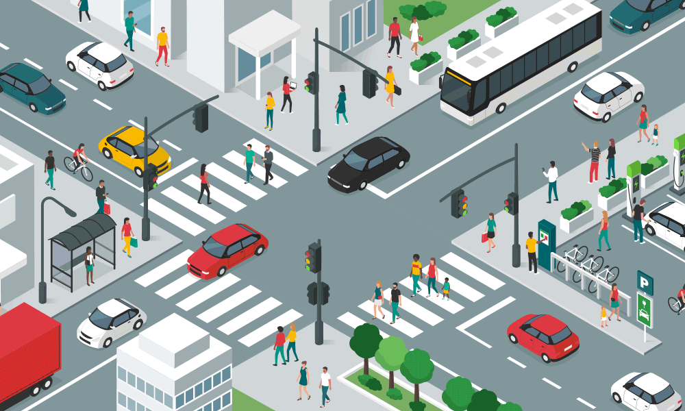 Graphic of Urban Area with Streets, Railways and Buses