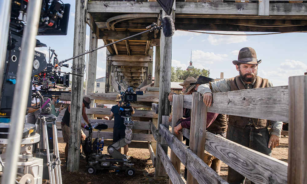 Movie set with cameras and actors